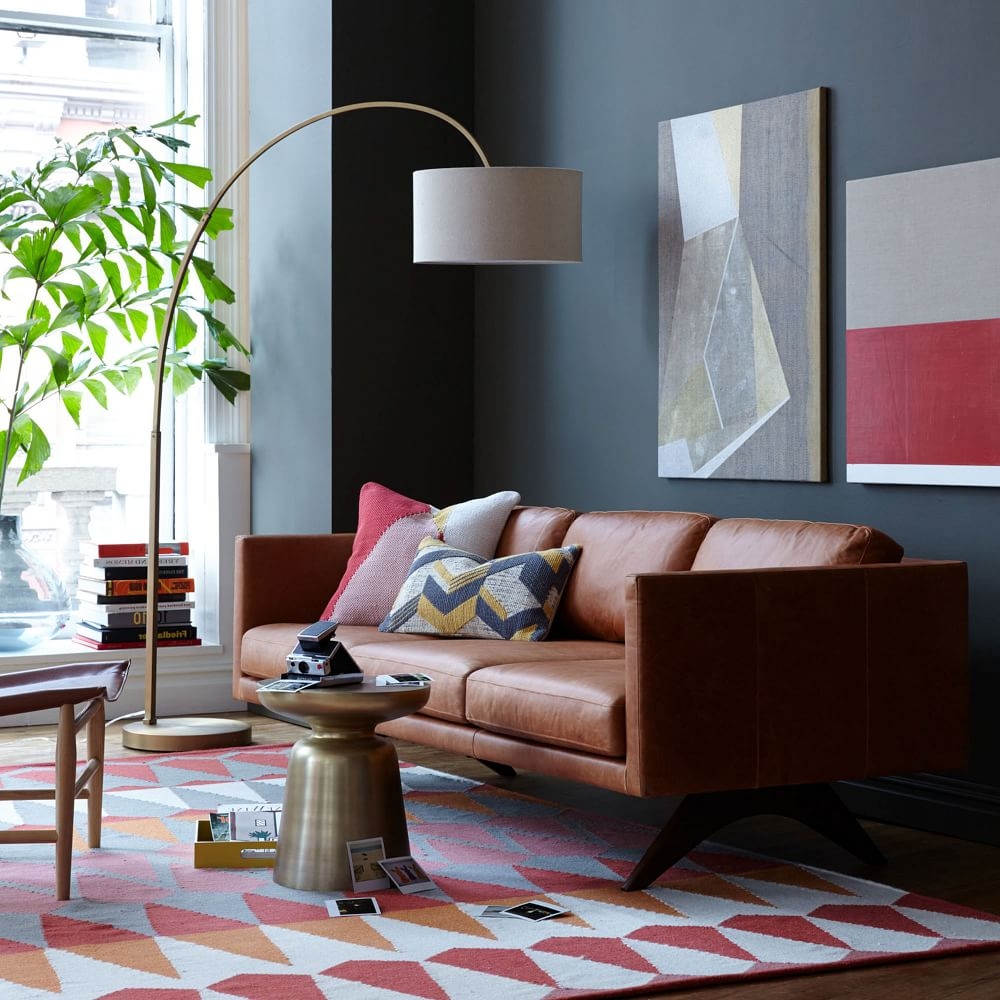 Overarching linen top shade floor lamp
